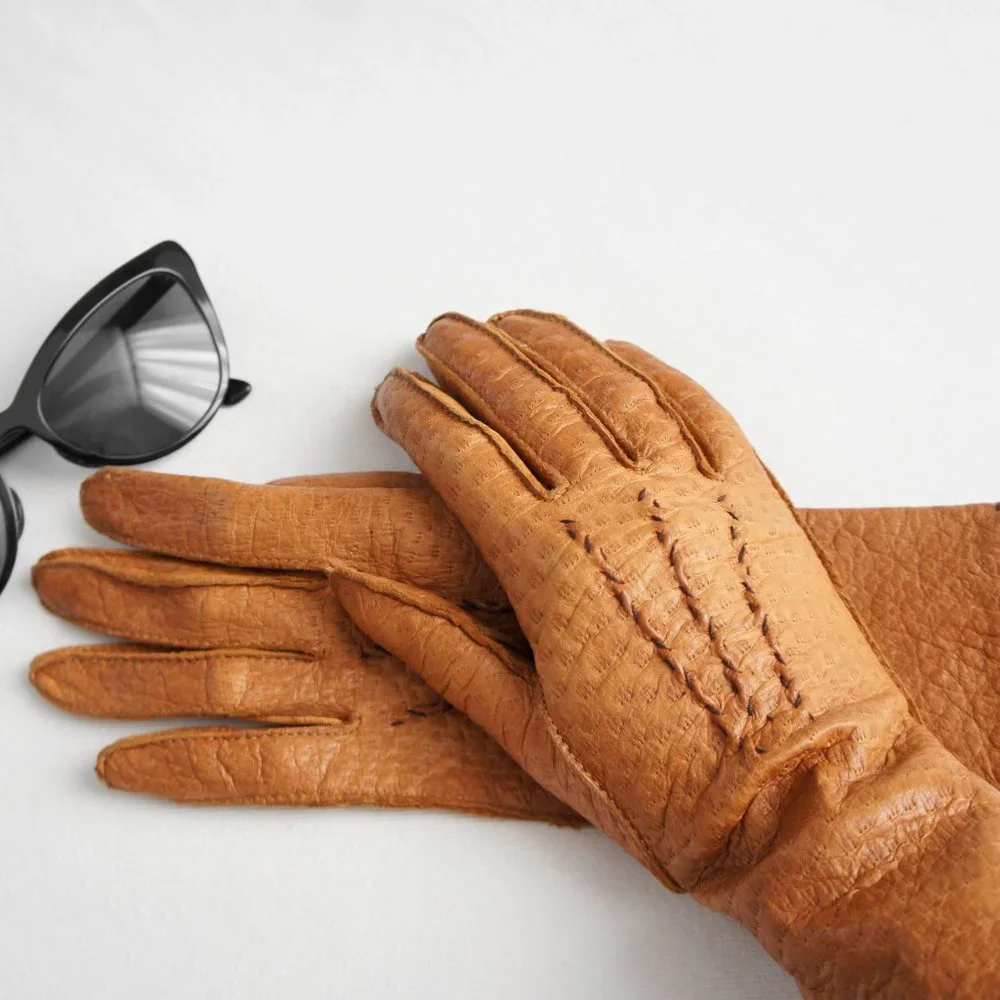 Vintage Cognac Tan Brown Leather Gloves Women's Size 6.5